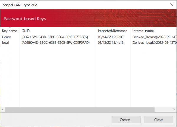 conpal LAN Crypt 2Go key ring dialogue